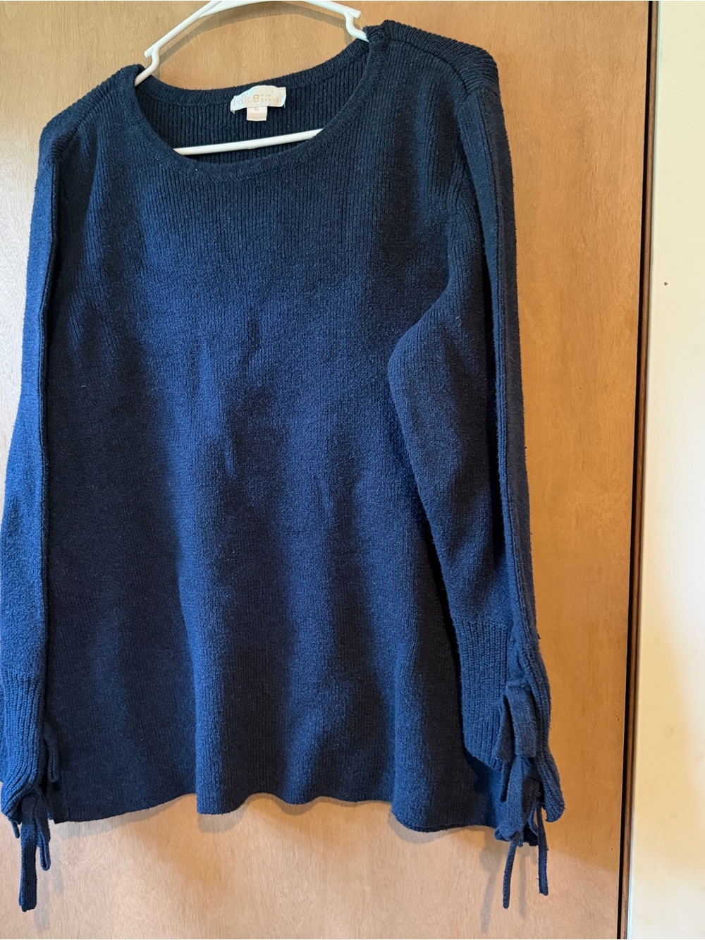 belle sky Navy Blue Crewneck Sweater with Tie Cuffs
